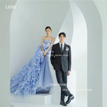 LISM Kék Hercegnő Esküvői Ruha Vállnélküli Ujjatlan Menyasszonyi Ruha, Puha Tüll Berakással 신부 예복 Korea Fotózás Egyedi
