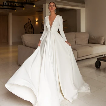 JaneVini Luxus Gyöngyös Szatén Hosszú Ujjú Esküvői Ruha Vonal Szexi Mély V-Nyak Puszta Vissza Vintage White Plus Size Menyasszonyi Ruhák