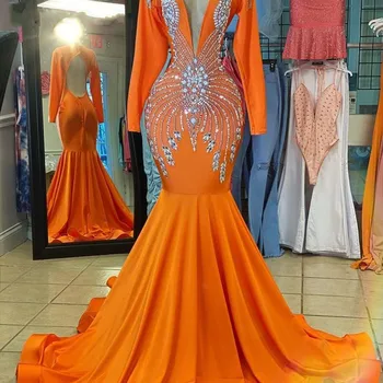 Luxus Crystal arab Dubai Estélyi Ruha 2021 V-nyakú, Hosszú Ujjú, Magas Minőségű Narancs Bál Ruha Vestidos Köntöst, De Estélyt