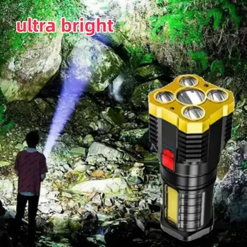 5 LED Zseblámpa USB Töltse fel COB Oldalon Fény Teljesítmény Kijelző Kültéri Hordozható Lámpa, 4 Üzemmód Vízálló Újratölthető Fáklyák