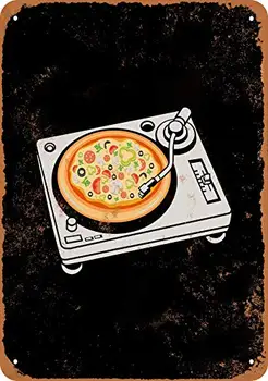 Fém Tábla - Pizza Album egy Lemezjátszó - Vintage Megjelenés Fali Dekoráció Kávézó, Bár, Pub, Otthon Sört Dekoráció, Kézműves