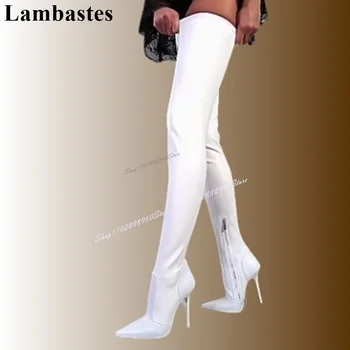 A Comb Nagy Fehér Rugalmas Bőr Egyszerű Slim Csizma Vékony, Magas Sarkú Női Cipő Oldalán Cipzárral Hegyes Toe 2024 Zapatos Para Mujere