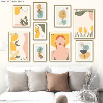 Absztrakt Nő Citrom Virág, Leveles Kaktusz Wall Art Vászon Festmény Északi Poszterek, Nyomatok, Képek Nappali Lakberendezés