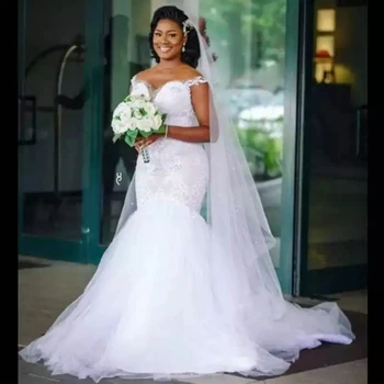 Afrikai Fehér Sellő Plus Size Egyház Esküvői Ruhák Tüll Csipke Menyasszonyi Ruhát, A Nigériai Nők