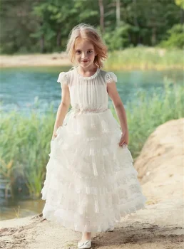 Fehér Rétegű Tüll Rátétes Cap Ujjú Csipke Virág Lány Ruha Esküvői Gyermek Első Áldozás Szülinapi Parti, Bál Diszkógömböt
