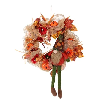 Őszi Koszorú Zsákvászon Bejárati Ajtók Koszorú, Gnome Mesterséges Maple Leaf Tök Napraforgó Őszi Betakarítás Dekoráció