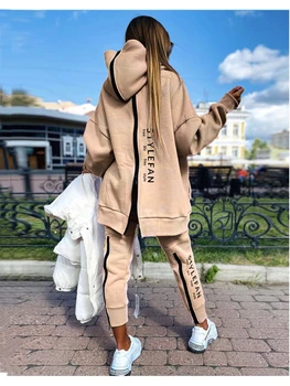 Alapvető Nők Levelet Melegítőfelső 2 Darab Beállítja Melegítőben Divat Ruha Őszi Női Korea Nadrág, s Pulóver Kapucnis Streetwear