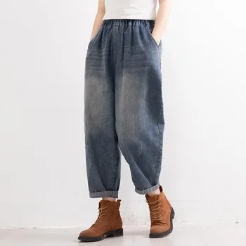 Molett Női Ruha Laza Bő Farmer Retro Streetwear Denim Jeans Női Alkalmi Derék Rugalmas Fekete Női Nadrág 3XL C505