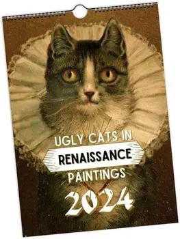 Macska Fali Naptár 2024 Klasszikus Portré Festmény Állat Wall Art Vászon Nyomtatás Antik Art Home Fali Dekor Újdonság Ronda Macska Ajándék