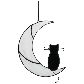 Fekete Macska Ül A Fehér Hold Suncatcher,Kézműves Ablak Akasztások,A Windows Panelek Emlékmű Ajándék Macska Szerelmeseinek Könnyű Telepítés